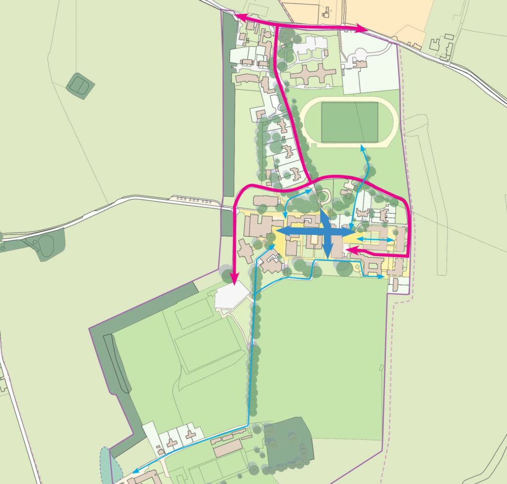 A typical campus masterplan focussing on vehicle and pedestrian separation. WWA Studios, architecture, planning, urban design, education, masterplan