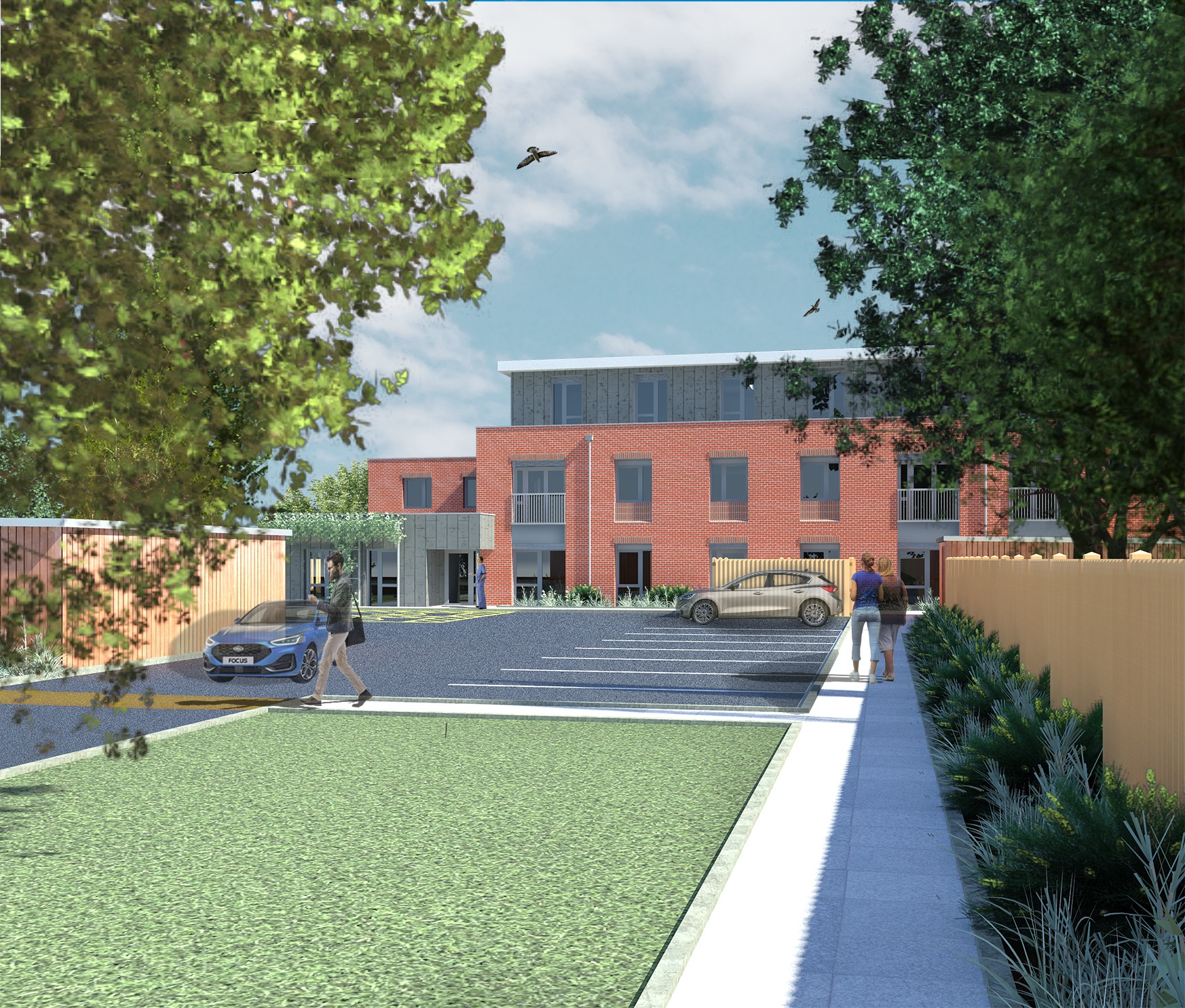3D render of a view from the parking of the supported living apartments on Monmouth Road in Birmingham.