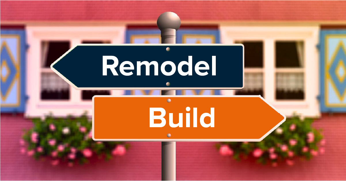 A street sign with two boards pointing in opposite directions. First board points to the left in a dark blue with the word Remodel. Second board in orange points to the right with a the word Build on it. Behind the sign is magenta house with two windows, each with a flower box. WWA Studios, architecture, urban design, town planning, sheltered housing, new build, remodelling